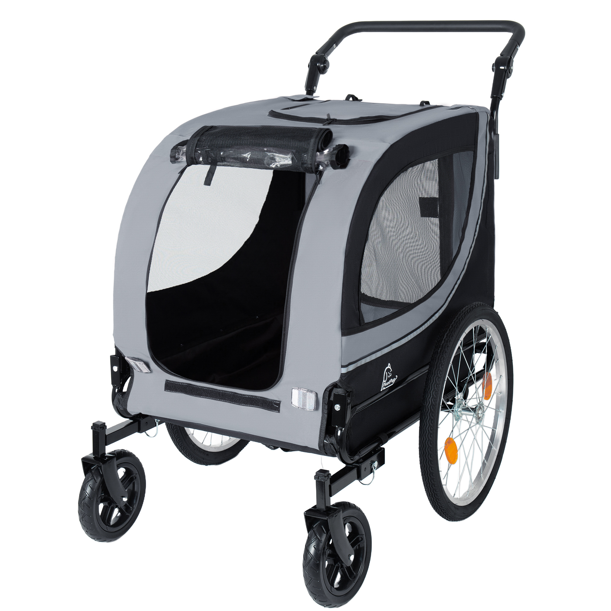 Remolque de Bicicleta y Cochecito para Mascotas 2 en 1 Para Perros de Hasta 100lbs Carrito Transportador Plegable con Dos Ruedas Delanteras de 8 y Ruedas Traseras de 20 Inflables de Liberación Rápida, Malla Transpirable y Cubierta para Lluvia de PVC, Gris — imagen 4