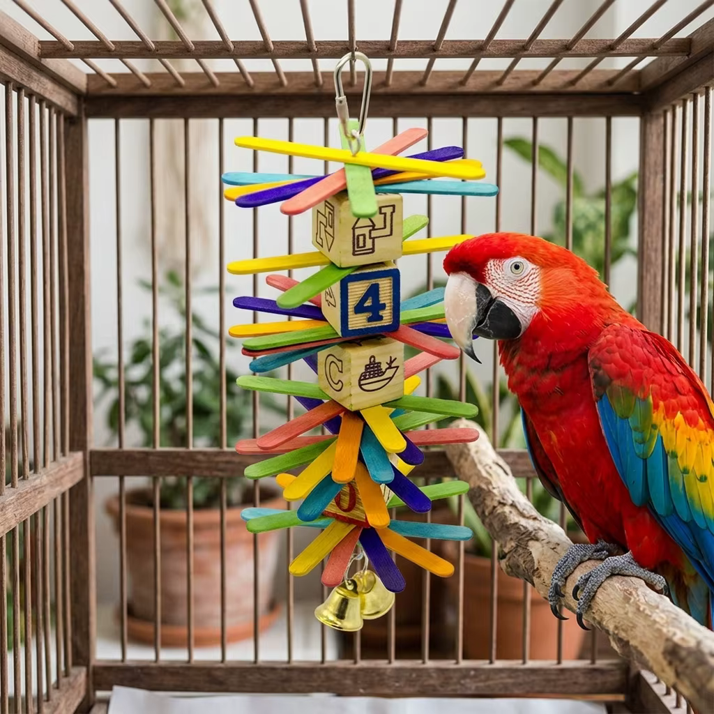 Juguete de Forraje para Pájaros Colorido con Letras y Pétalos, Bloque de Madera Dura con Cordón, Juguete Interactivo de Masticación y Desgaste de Pico para Periquitos y Cacatúas — imagen 4