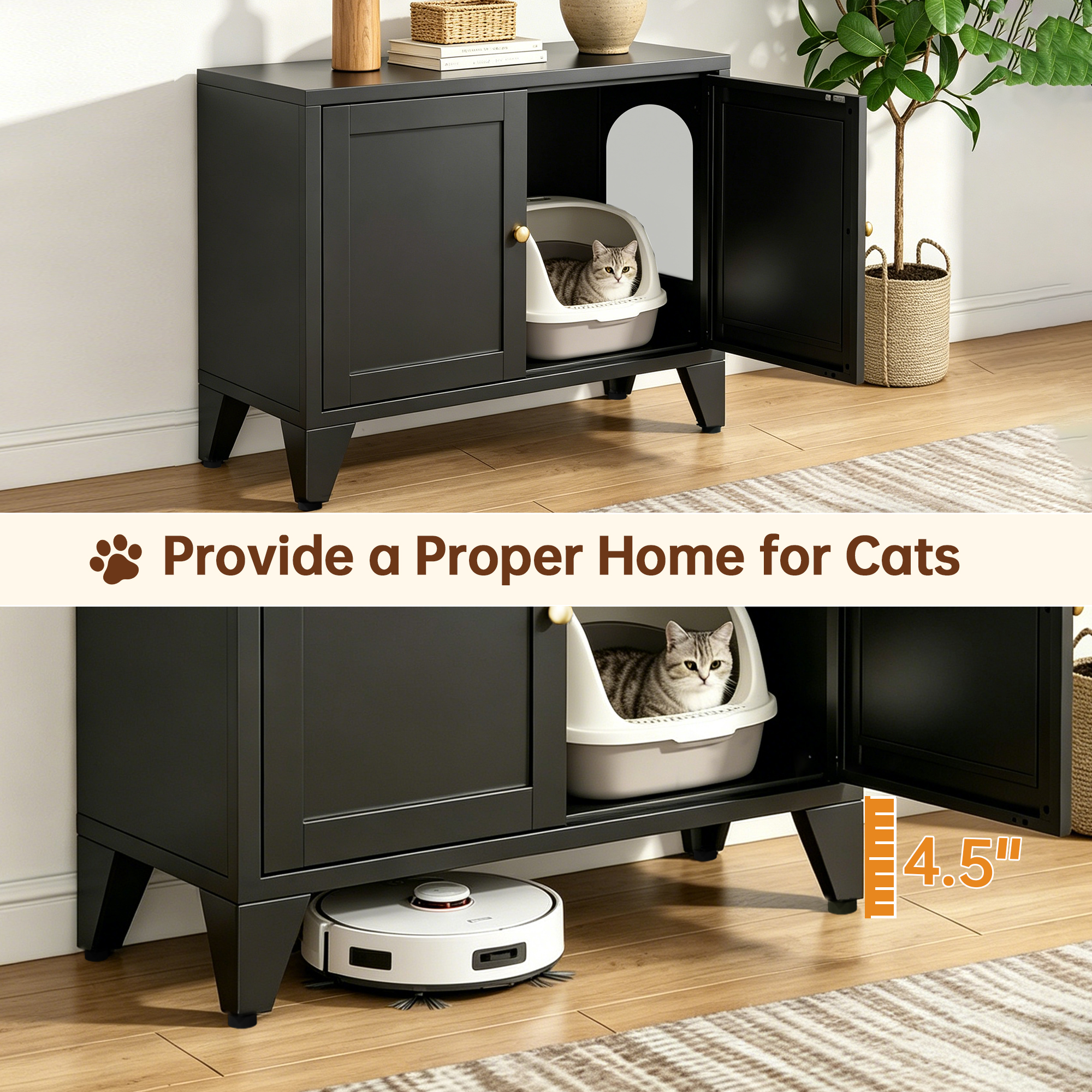 Caja de Arena para Gatos en Metalo, Decoración Moderna Oculta para Hogares con Mascotas, Casa para Limpieza de Gatos Freestanding, Adecuado para la Mayoría de Cajas de Arena Estándar, Mesa de Sede Decorativa para Hogar Negro — imagen 4