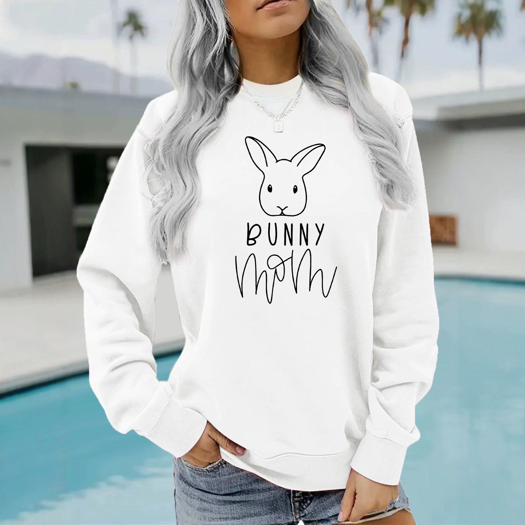 Rabbit and letter printed round neck fleece hoodie — image 4