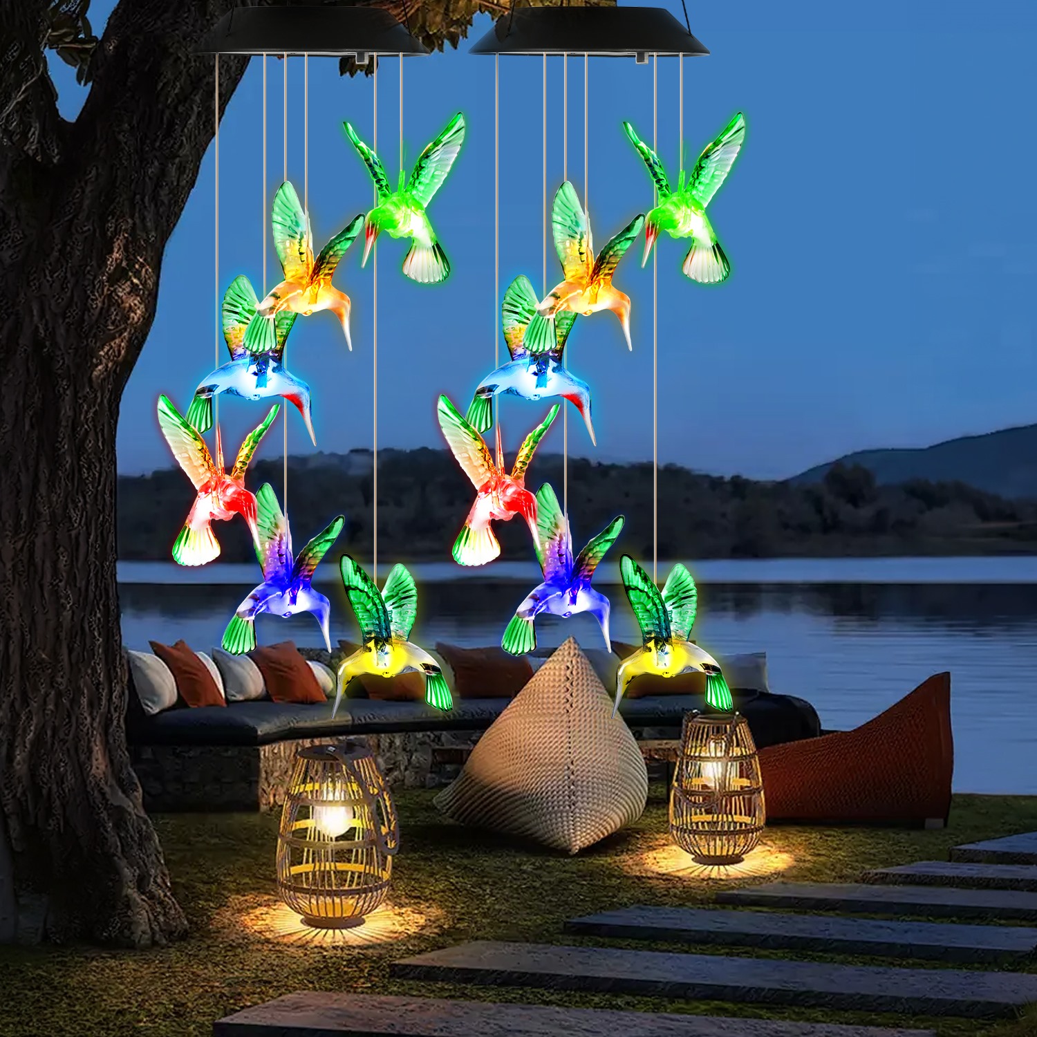 2 Piezas de Carrillón de Viento Solar de Colibrí, Cambia de Color en 7 Tonos, para Exteriores, Resistente al Agua IPX4, Decoración de Jardín y Patio — imagen 1