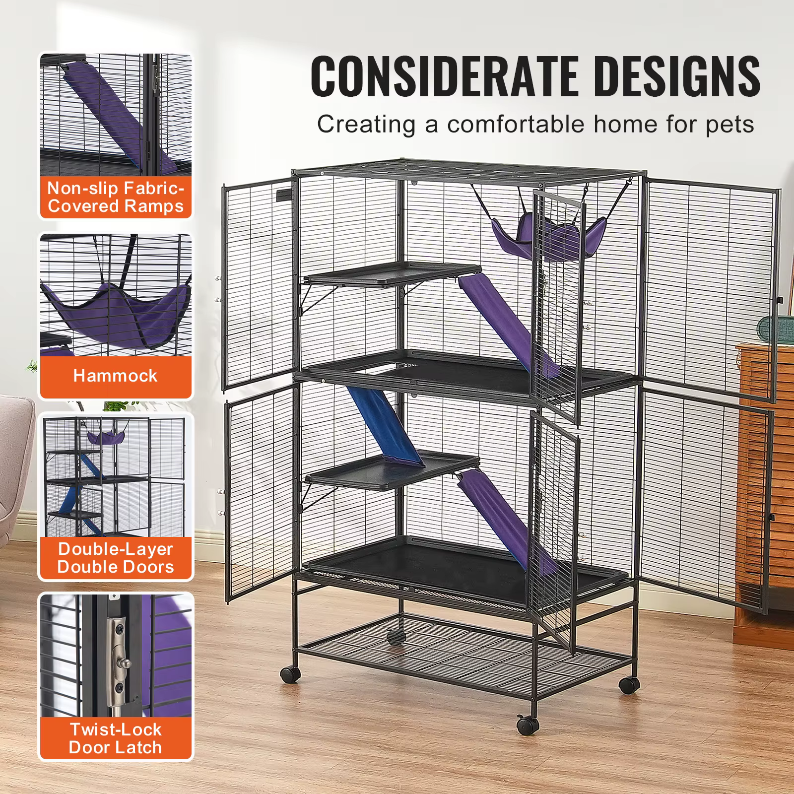 SucceBuy 64.6" Rolling Metal Ferret Cage Large 4-Tier Critter Nation Cage Small Animal Cage for Rats Hamster Guinea Chinchilla — image 6