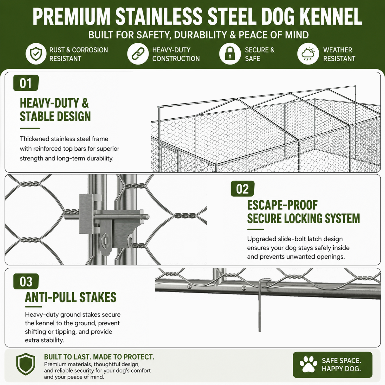 Casa de Perro Al Aire Libre Grande con Techo, Estructura de Acero Galvanizado Resistente, Cubierta Impermeable, Comodines Elevados para Alimentación Integrados, Jaula Segura y Bloqueo para Perros Grandes y Animales Múltiples — imagen 6