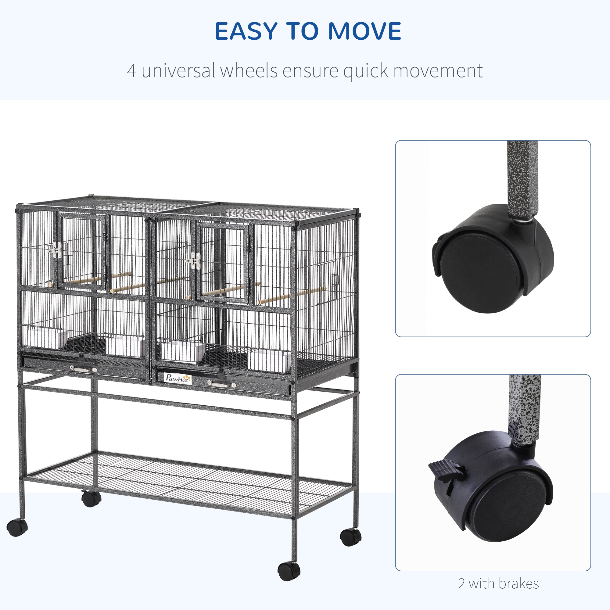Caja de Reproducción Dividida para Aves con Soporte Rodante, bandeja metálica removible, estante de almacenamiento, percha de madera y contenedor de comida — imagen 6