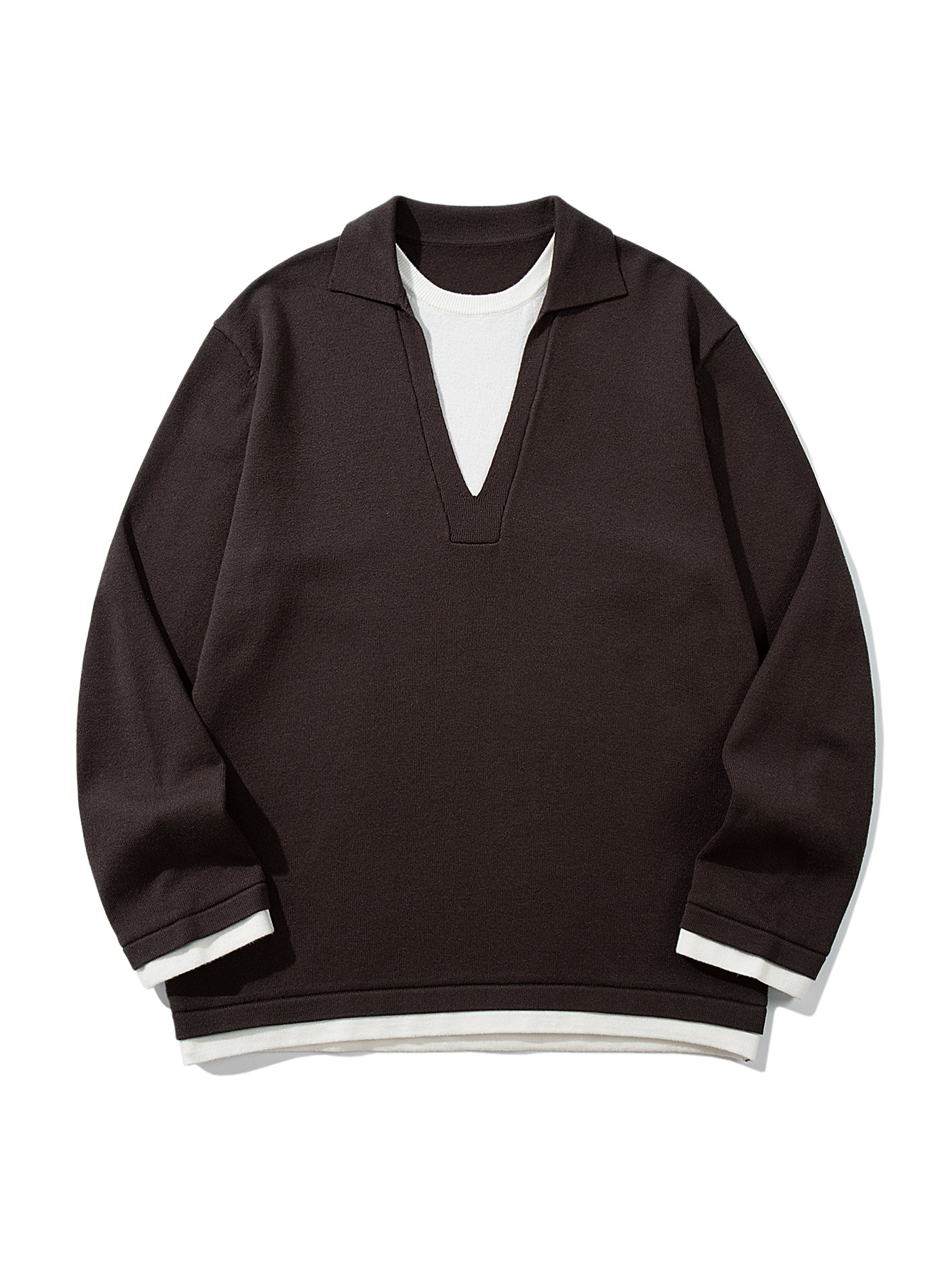 Color-Blocking Seagull Neck False Two-Piece Loose Knit Sweater Pullover — image 9