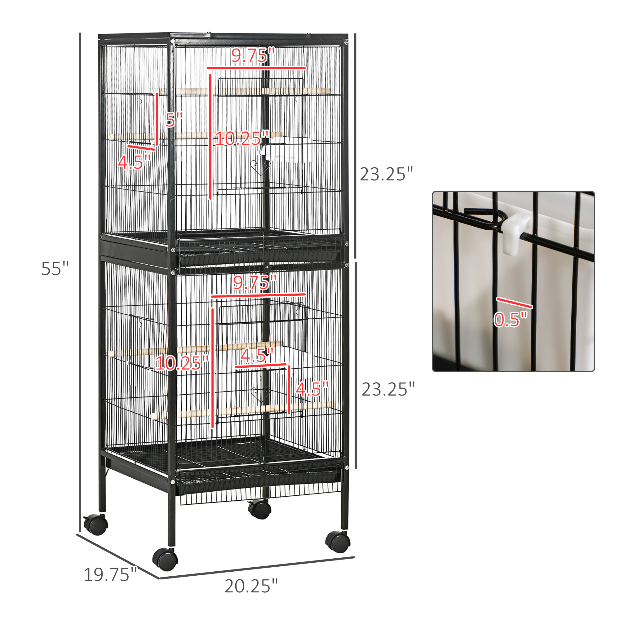 55" 2 In 1 Bird Cage Aviary Parakeet House for finches, budgies with Wheels, Black — imagen 8