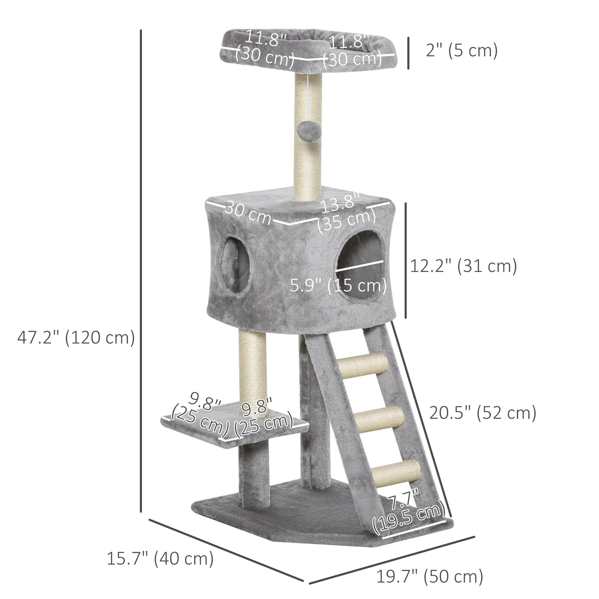 47" Tall Cat Tree Tower with Condo, Ladder, Scratching Posts and Hanging Ball, Light Grey — image 4