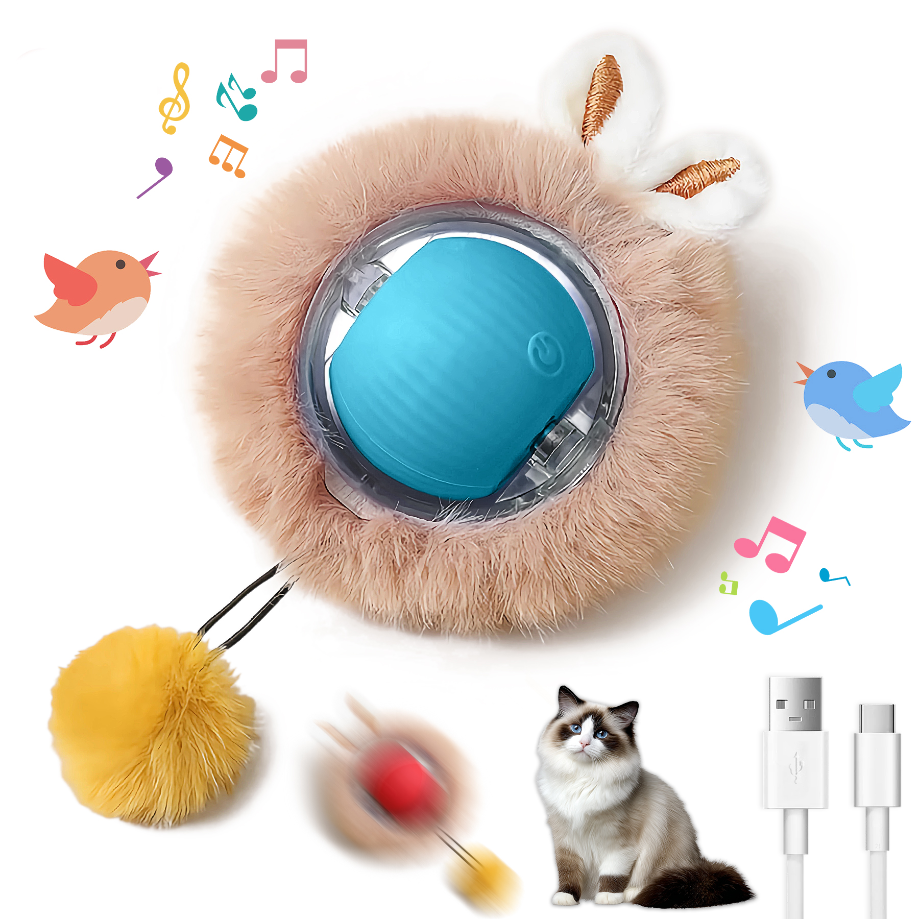 Juguetes Interactivos de Bola para Gatos y Perros - Pelota Móvil con Luces y Cola y Orejas de Conejo para Mascotas Domésticas — imagen 5