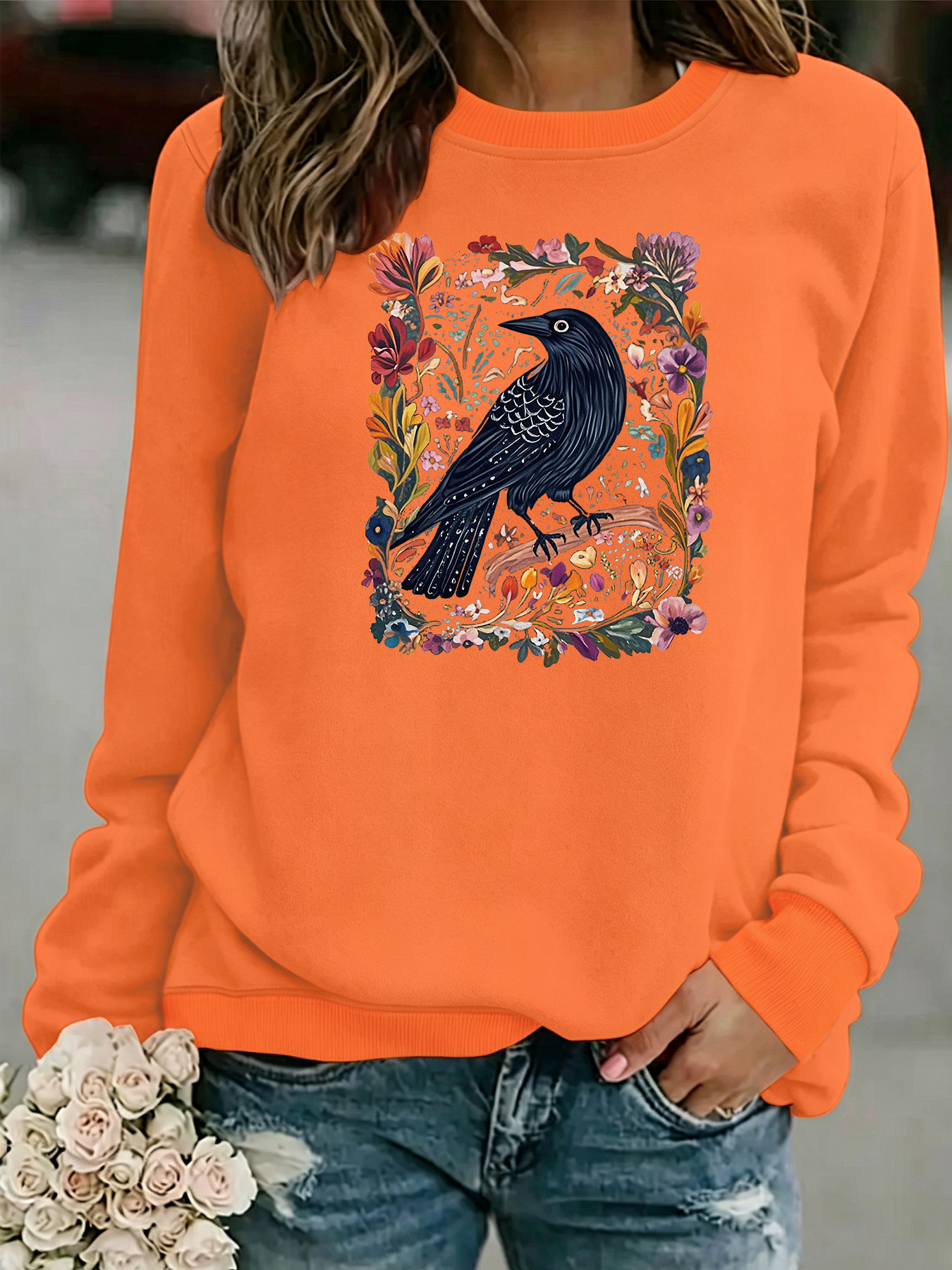 Crow print round neck fleece hoodie — image 12