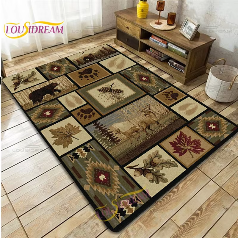 Country Style Farmhouse Lodge Bear Moose Deer Soft Rug Square Flannel Home Rug Vintage Home Living Room Floor Mats Bedroom Rug — image 1