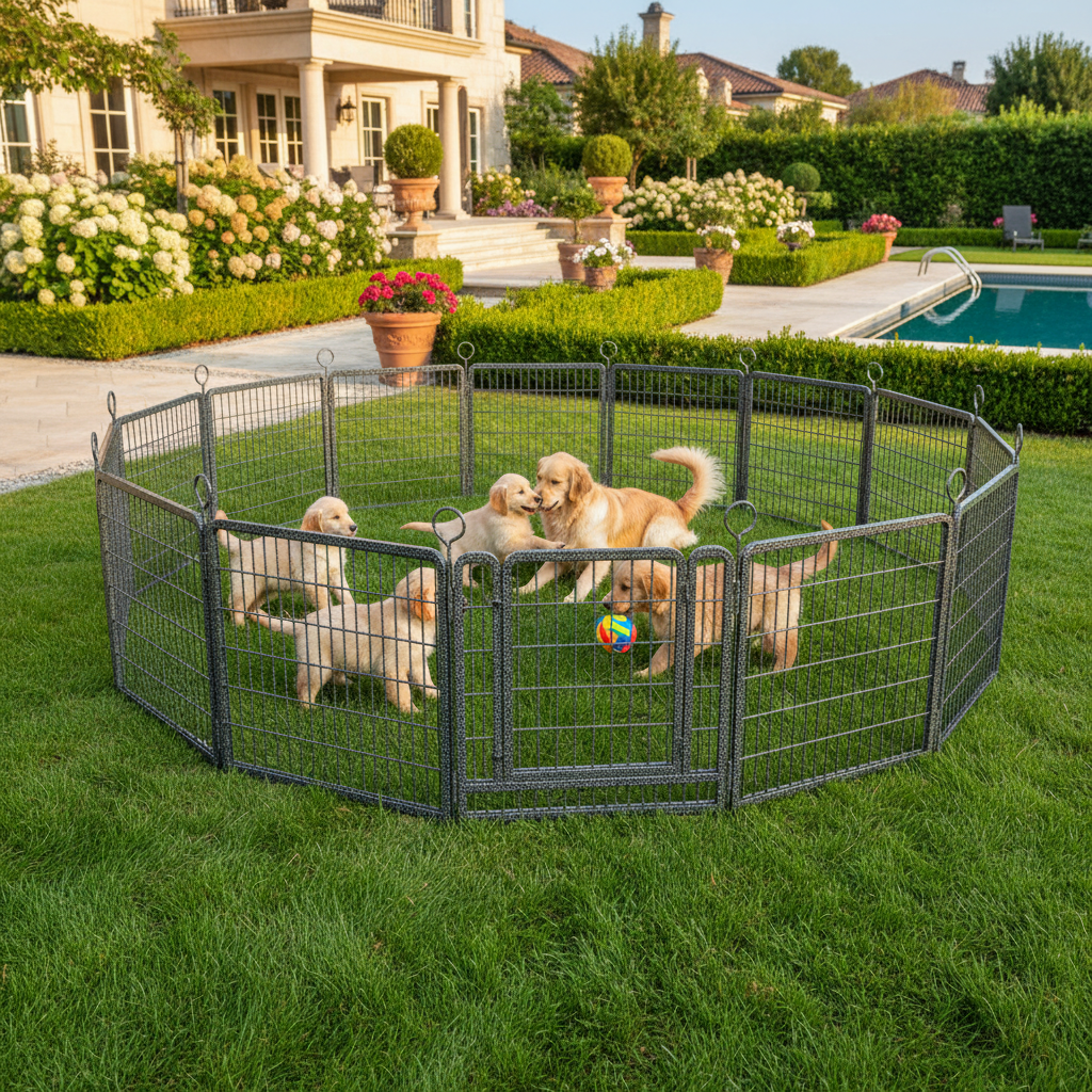 Cubo de Juego para Perros Exterior Amplio 16 Piezas Panelas Resistentes Muro para Perros 40'' Alto Anti-Rusto Con Puertas Portátil para Caravana Camping Patio Total 37 pies 111 m² Negro Polar — imagen 3