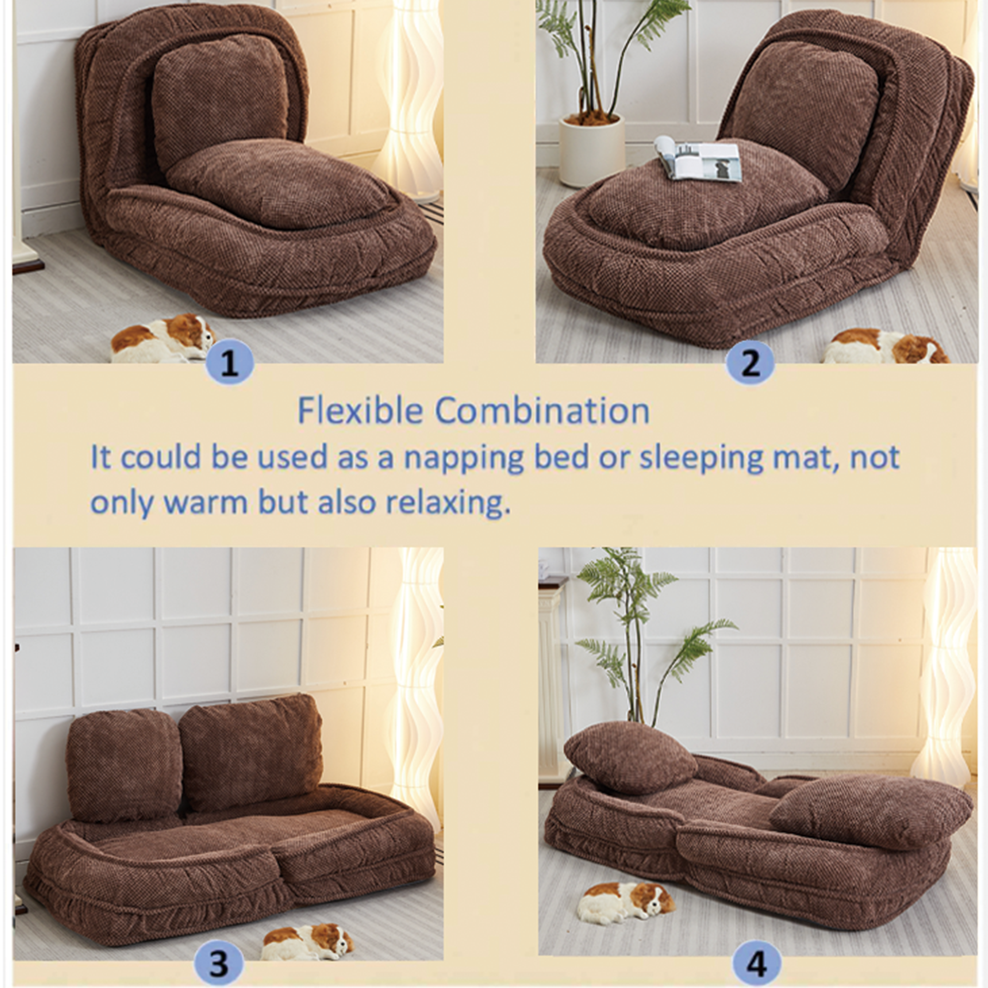 Silla de Pelo para Perros, Sofá Relajante con 5 Posiciones Ajustables, sentarse, dormir, plegable, ideal para sala de estar, dormitorio, diseño ahorrador de espacio, marrón — imagen 8