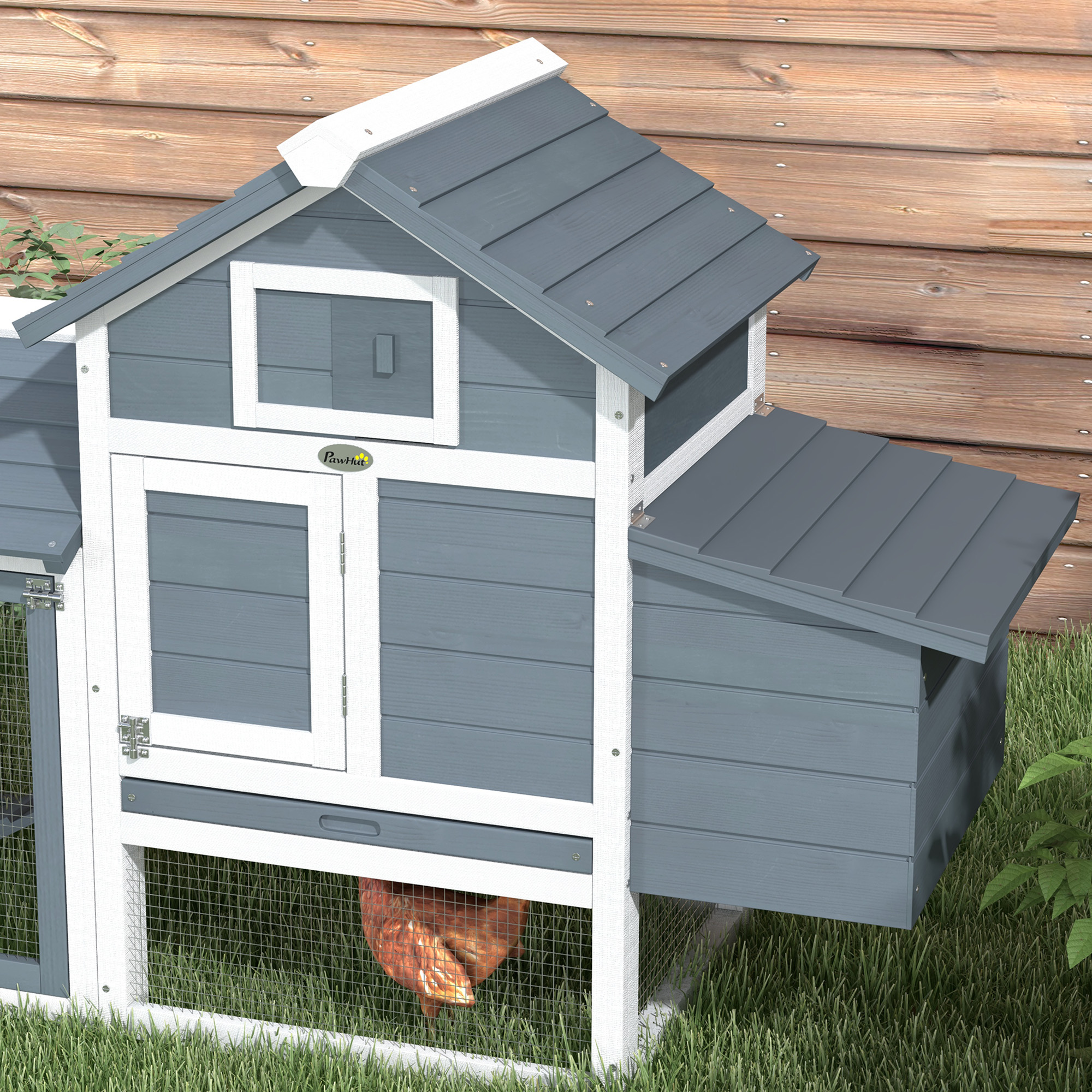 PawHut 59 Small Wooden Chicken Coop Hen House Poultry Cage For Outdoor Backyard With 2 Doors, Nesting Box And Removable Tray, White — imagen 4