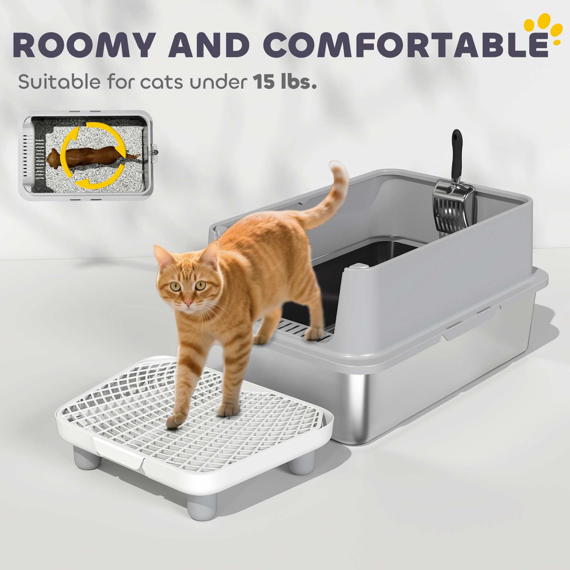 Lata de Alimento para Gatos Grande con Escoba y Tapete, Anti-Escapes de Orina, Fácil Limpieza, No Pegajoso — imagen 7