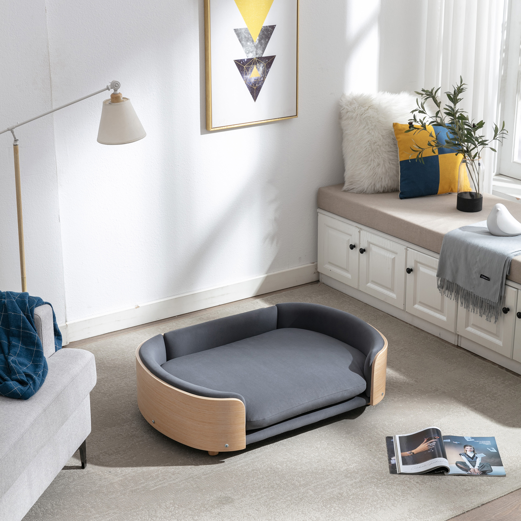 Scandinavian style Elevated Dog Bed Pet Sofa With Solid Wood legs and Bent Wood Back, Velvet Cushion, Large Size — image 18