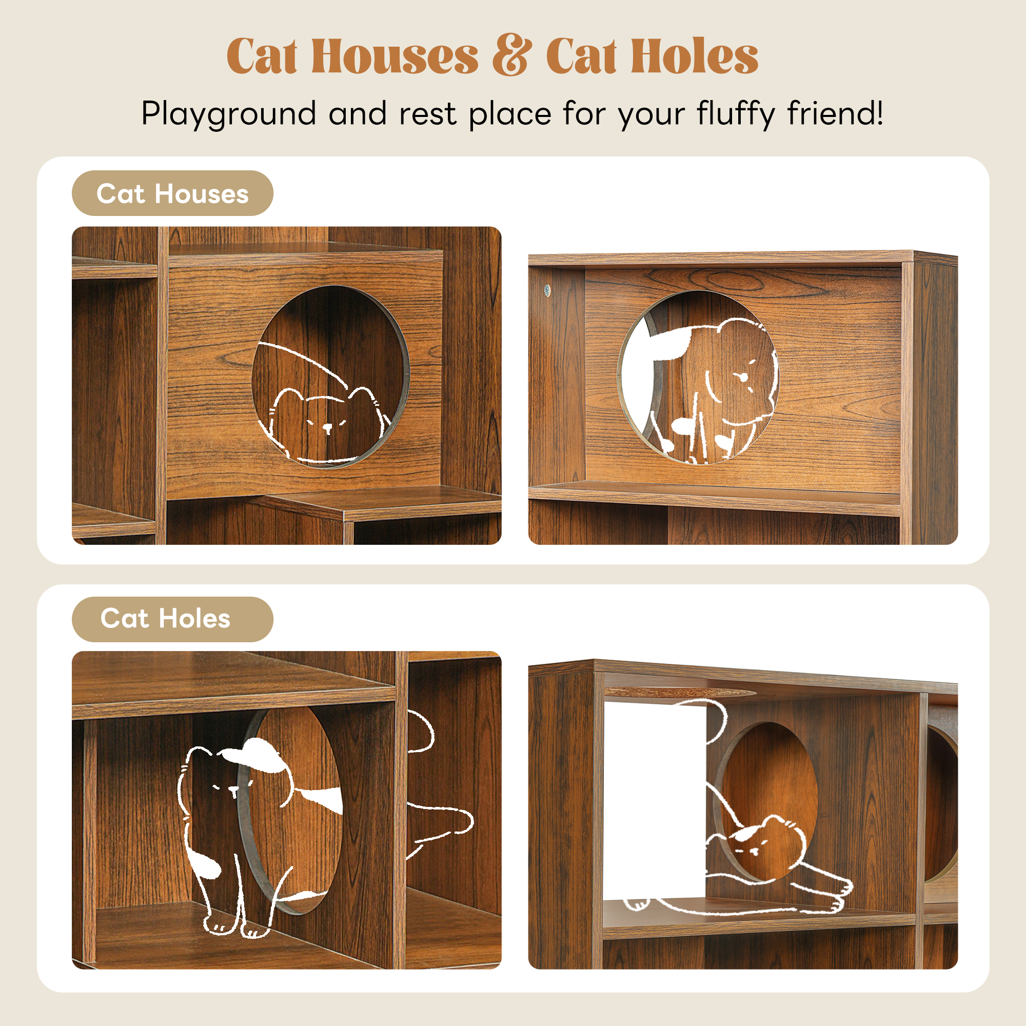 Modern 2 IN 1 Wood Bookshelf Cat House, Cat Tree Display Case With Storage, Cat Litter Box Enclosure Climbing Shelf - BROWN — image 2