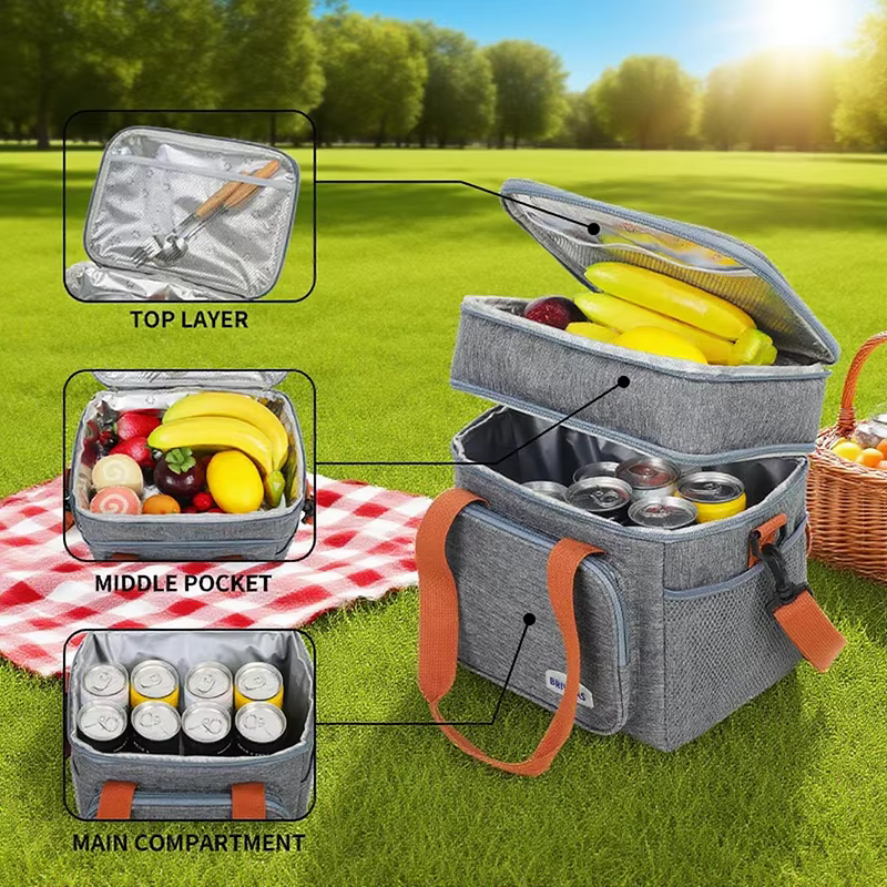 Picnic Bags Double Layer Lunch Bag Thermal Insulation Food Drink Storage Tote Crossbody Cooler Picnic Supplies Storage Bags — imagen 3