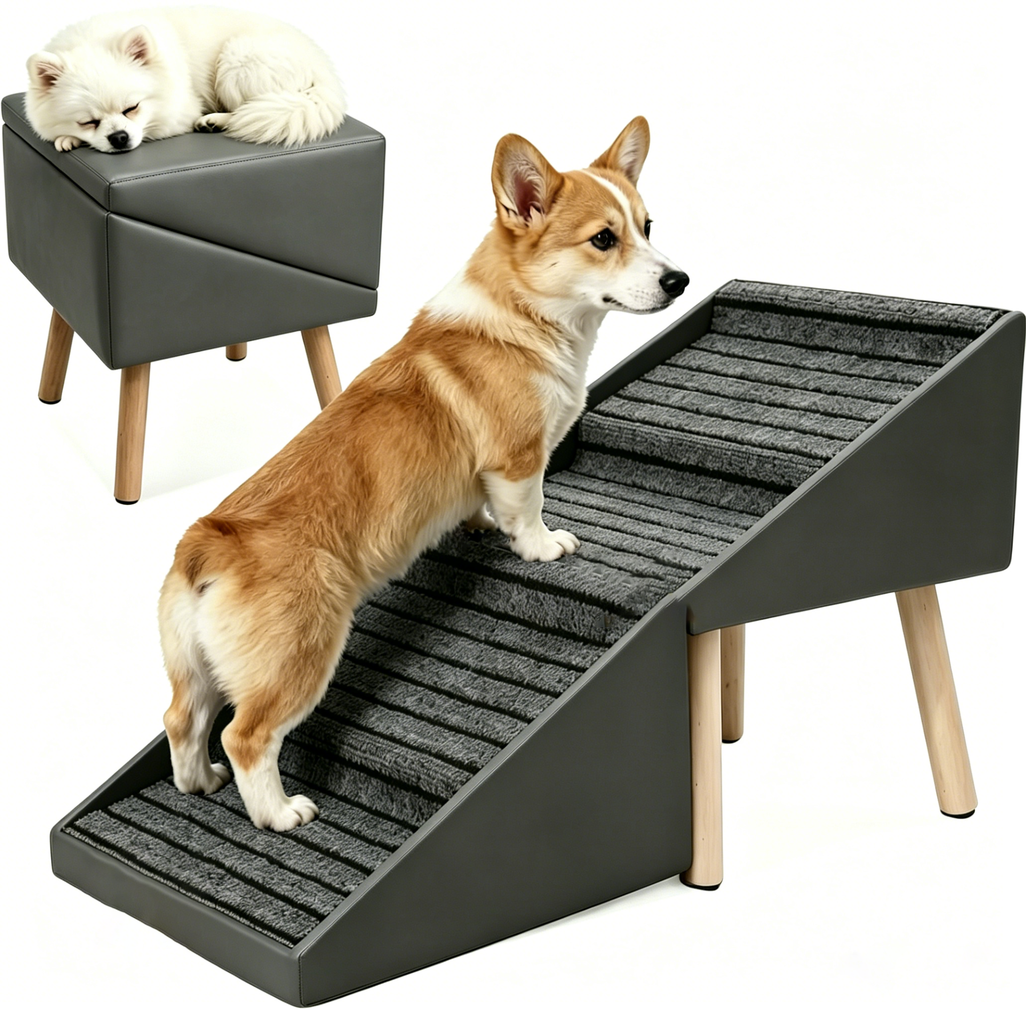 Escalera para Perros 2 en 1 para Cama y Sofá, 19.69" Rampa Plegable para Perros con 4 Escalones y Otomana para Perros Pequeños, Gris — imagen 4