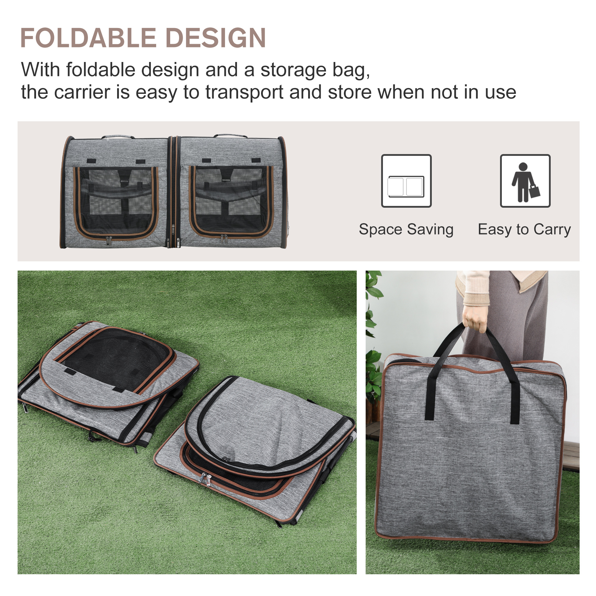 Portátil Transporte de Mascotas para Gatos con Divisor, Dos Compartimentos, Revestimiento y Bolsa de Almacenamiento, Gris — imagen 8