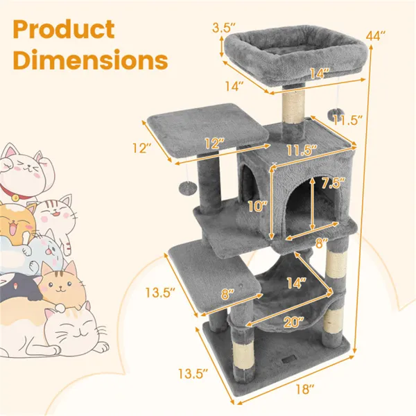 Rascador para gatos de 44" de varios niveles con amplia percha superior, condominio de 2 puertas y hamaca, para gatos de interior - Gris claro — imagen 4