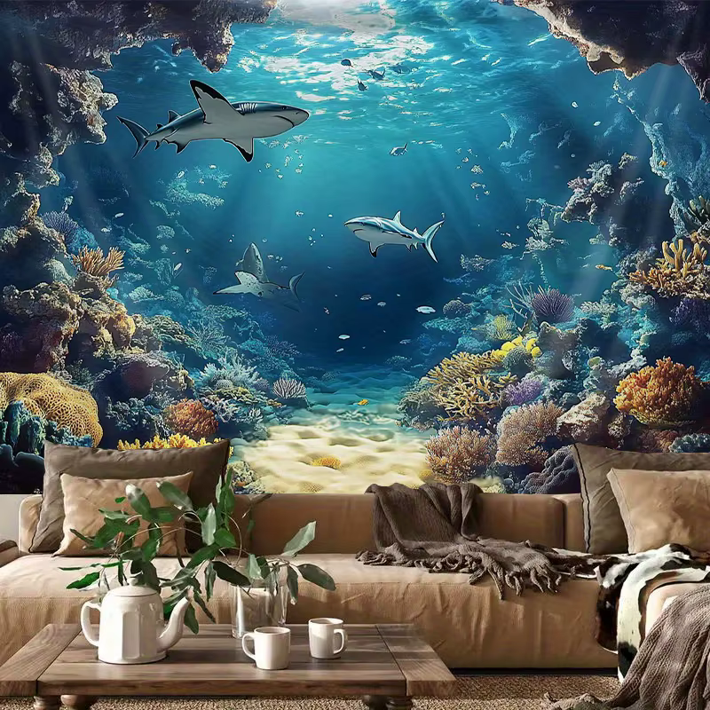 Underwater Ocean Wall Tapestry Shark Coral Reef Art Print Nature Decor For Bedroom Living Room Marine Theme Home Interior — image 1