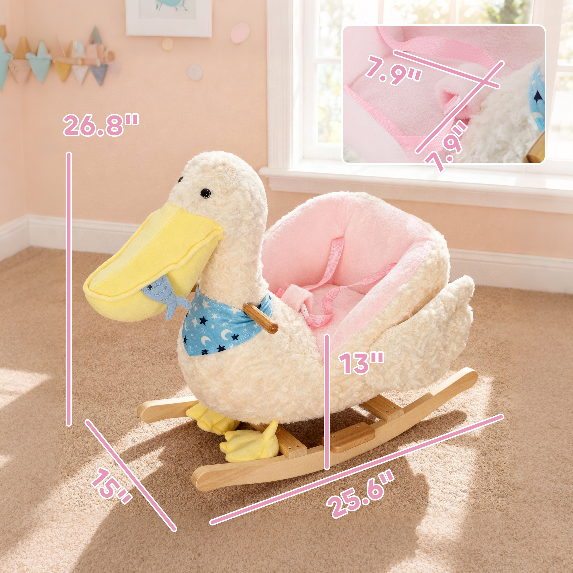 Caballito Mecedor para Bebé, Caballito de Pelícano para Montar para Niños de 18 a 36 Meses, con Sonido Realista de Pato, Blanco — imagen 6