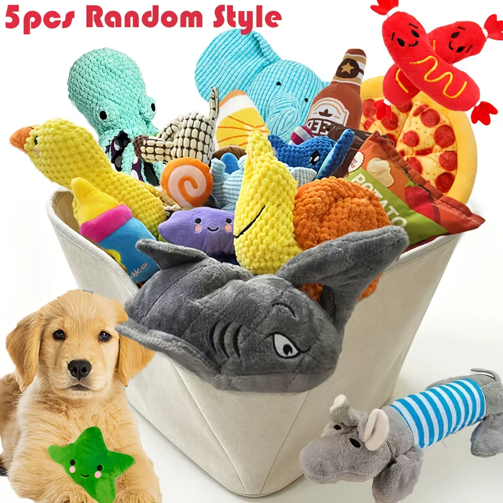 5PCS Plush Pet Toy Set, Large Gift Pack of Squeaky Toys for Small Dogs—Squeaks, Helps Clean Teeth, Keeps Your Dog Entertained — image 1