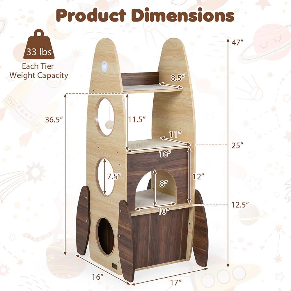 Árbol de Gato Rocket de 47 Pulgadas - Torre para Gatos en Interior con Pared de Escarbar Sisal y Manta de Escarbar Desmontable — imagen 2