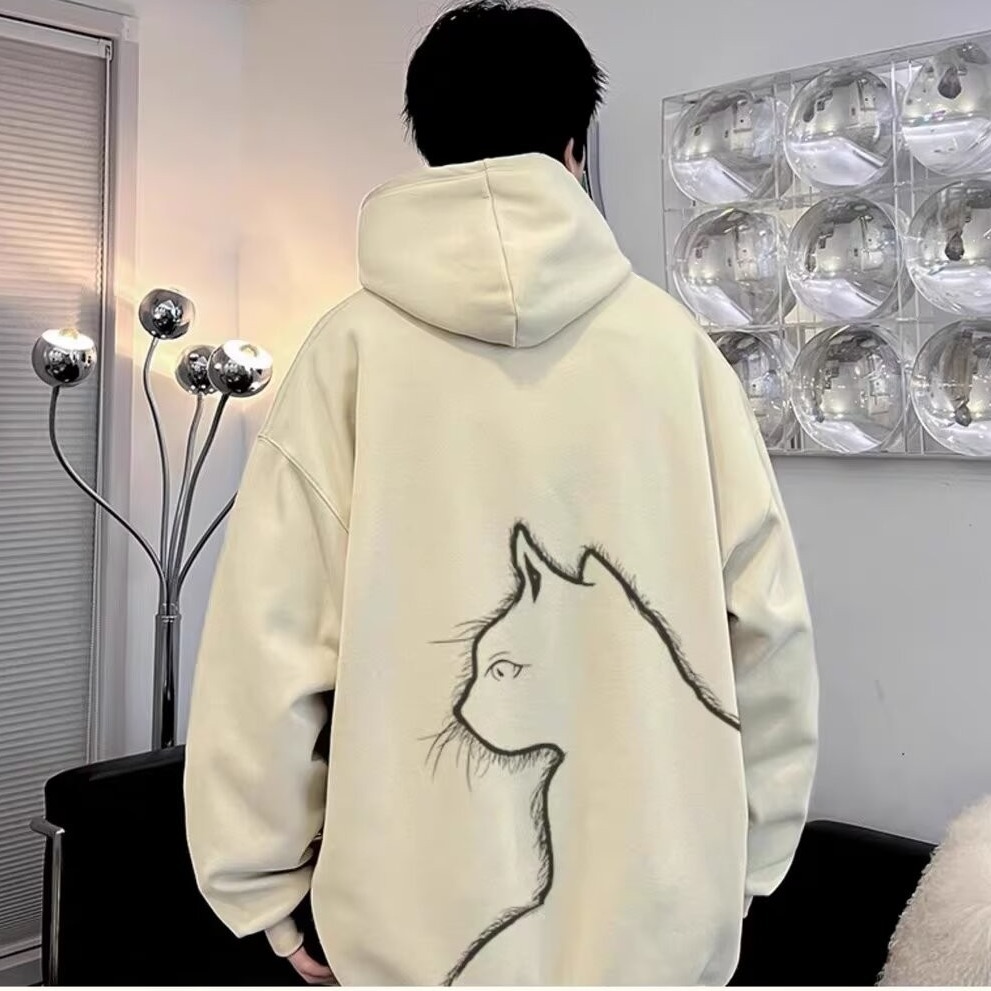 Unisex Casual Cartoon Cat Print Long Sleeve Fleece Lined Hooded Sweatshirt — image 5