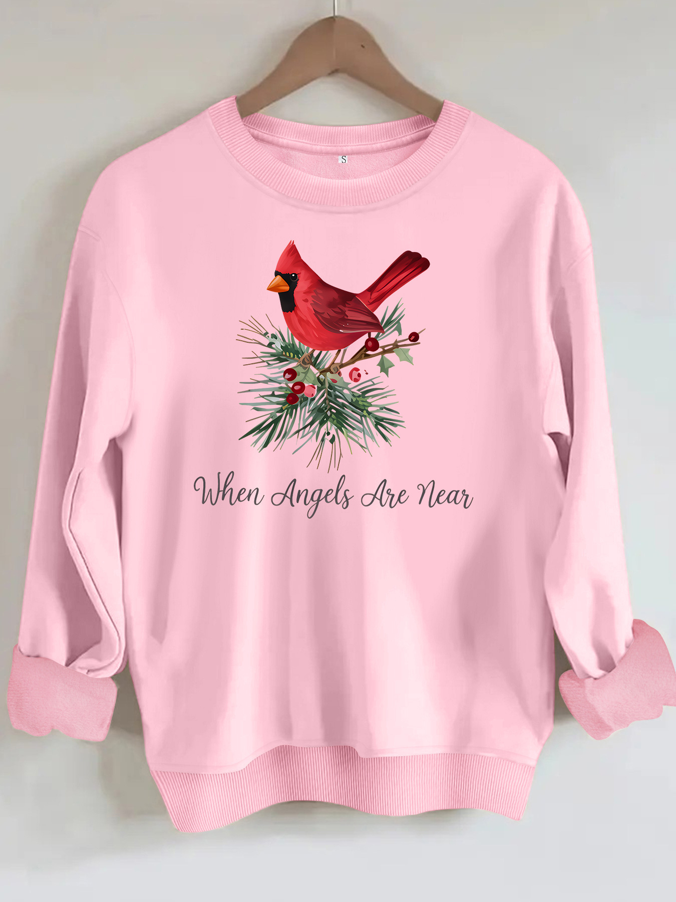 Red bird print round neck fleece hoodie — image 8