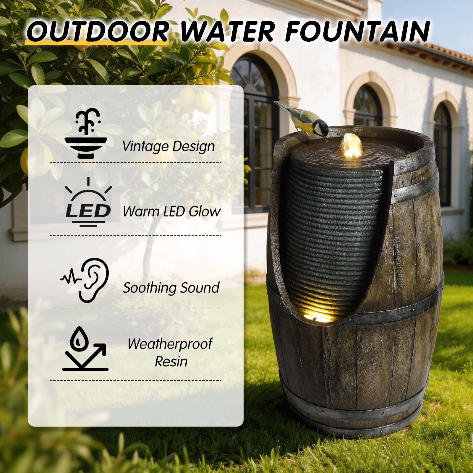 Fuente de Agua para Jardín con Bebedero para Pájaros, Barril Rustico con Luces LED y Bomba, Característica de Madera Falsa en Resina para Patio, Jardín o Porche — imagen 13