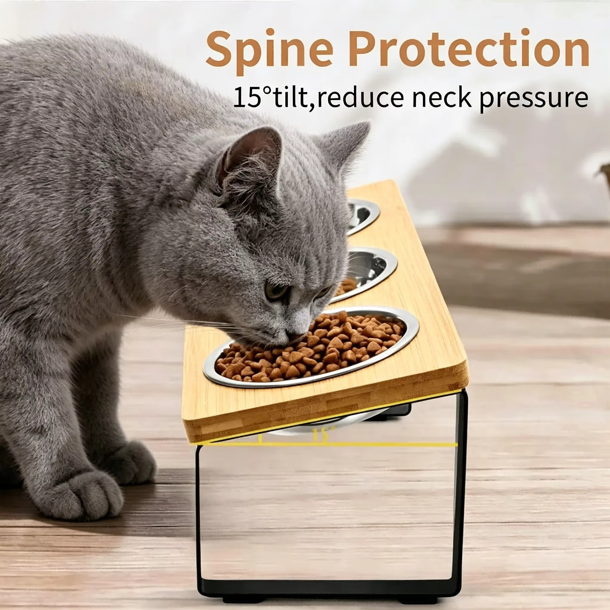 3 Bowls Elevated Cat Feeder 15° Tilted Bamboo Iron Stand Stainless Steel Pet Food Water Bowls Waterproof Anti-slip Silicone Feeding Mat for Kittens Puppies — image 3