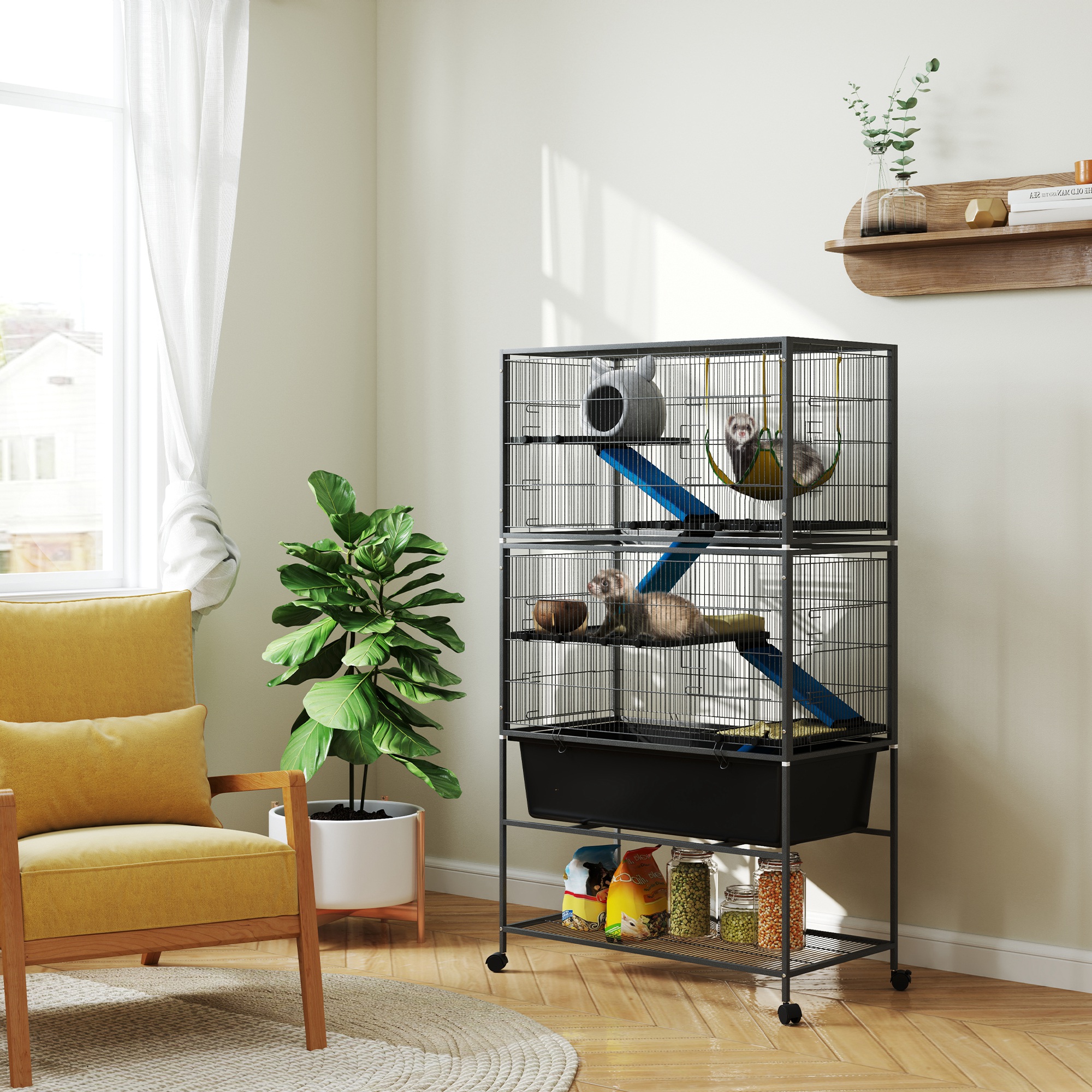 59" 5-Level Small Animal Cage, Rolling Ferret Cage With 6.3" Deep Tray, Non-Slip Cloth Covered Ramps, Hammock, Dark Gray — image 1