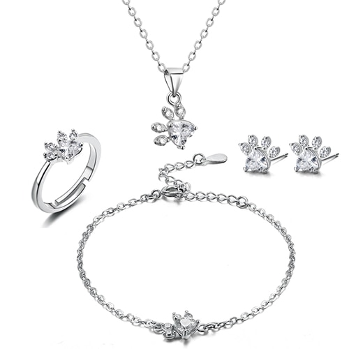 4 Piezas Anillo de Huellita de Gato, Oso y Perro para Mujer, Set de Joyería con Piedra CZ Blanca, Anillos, Collar, Pulsera y Aretes en Plata y Oro — imagen 7
