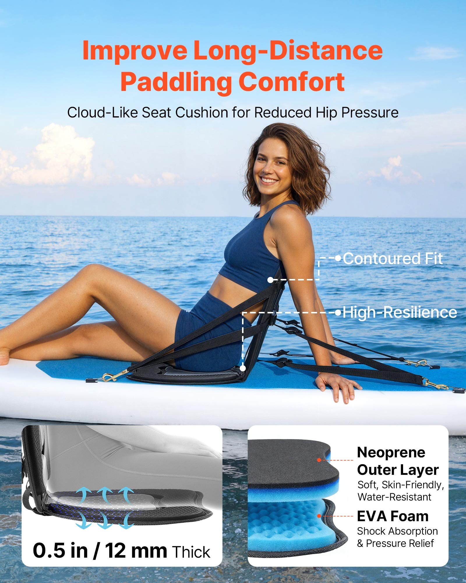 Asiento de Kayak, 1 paquete, 0,5" espesor, Asiento universal para Tabla de Paddle con soporte trasero, Silla suave para kayak sentado en la parte superior con bolsa de almacenamiento y correas ajustables para SUP, canoa, bote de pesca, kayak inflable — imagen 5