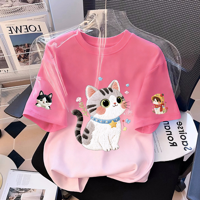 Girls' Short Sleeve T-Shirt Cat Print Casual Top — image 9