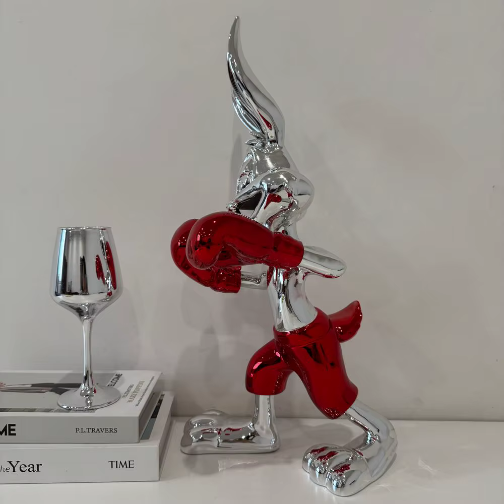 Modern Chrome Bunny Figurine with Boxing Gloves Pop Art Inspired Decorative Rabbit Boxer Statues for Interior Display — image 5