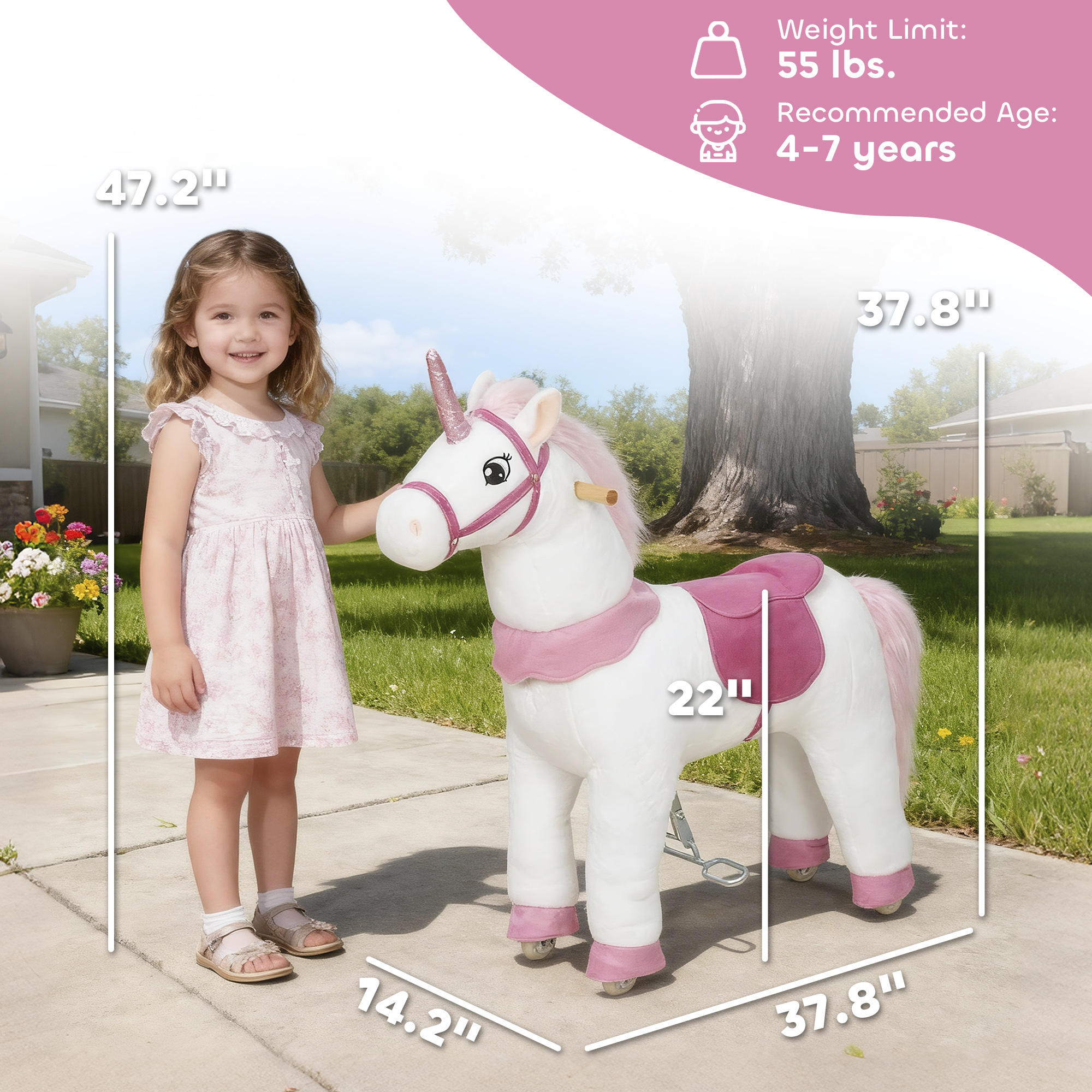 Ride on Unicorn Toy for Kids 4-7 Years, 37.8 Inch Plush Baby Rocking Horse with Wheels, No Battery Required, White — image 6