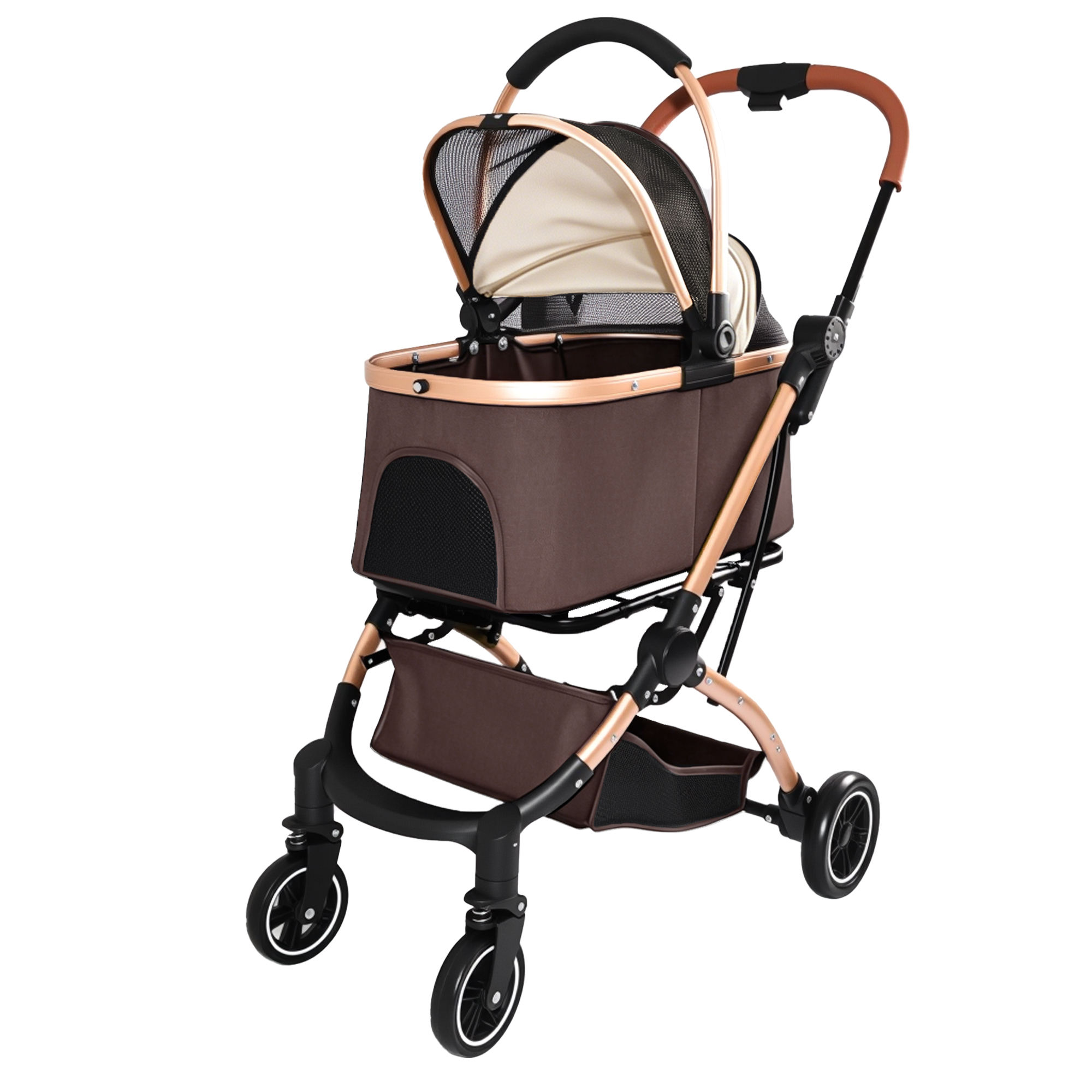 Muleta para Mascotas 2 en 1: Carruaje de 4 Ruedas Reversible con Canasta de Almacenamiento y Sombrilla Solar (Khaki + Oro) — imagen 5