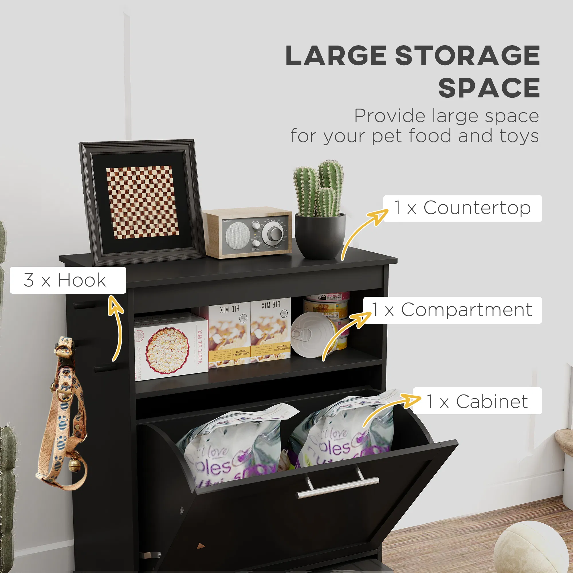 Pet Feeder Station Storage Cabinet, Dog Food Storage Container with Dog Raised Bowls, Watering Supplies, Black — image 3