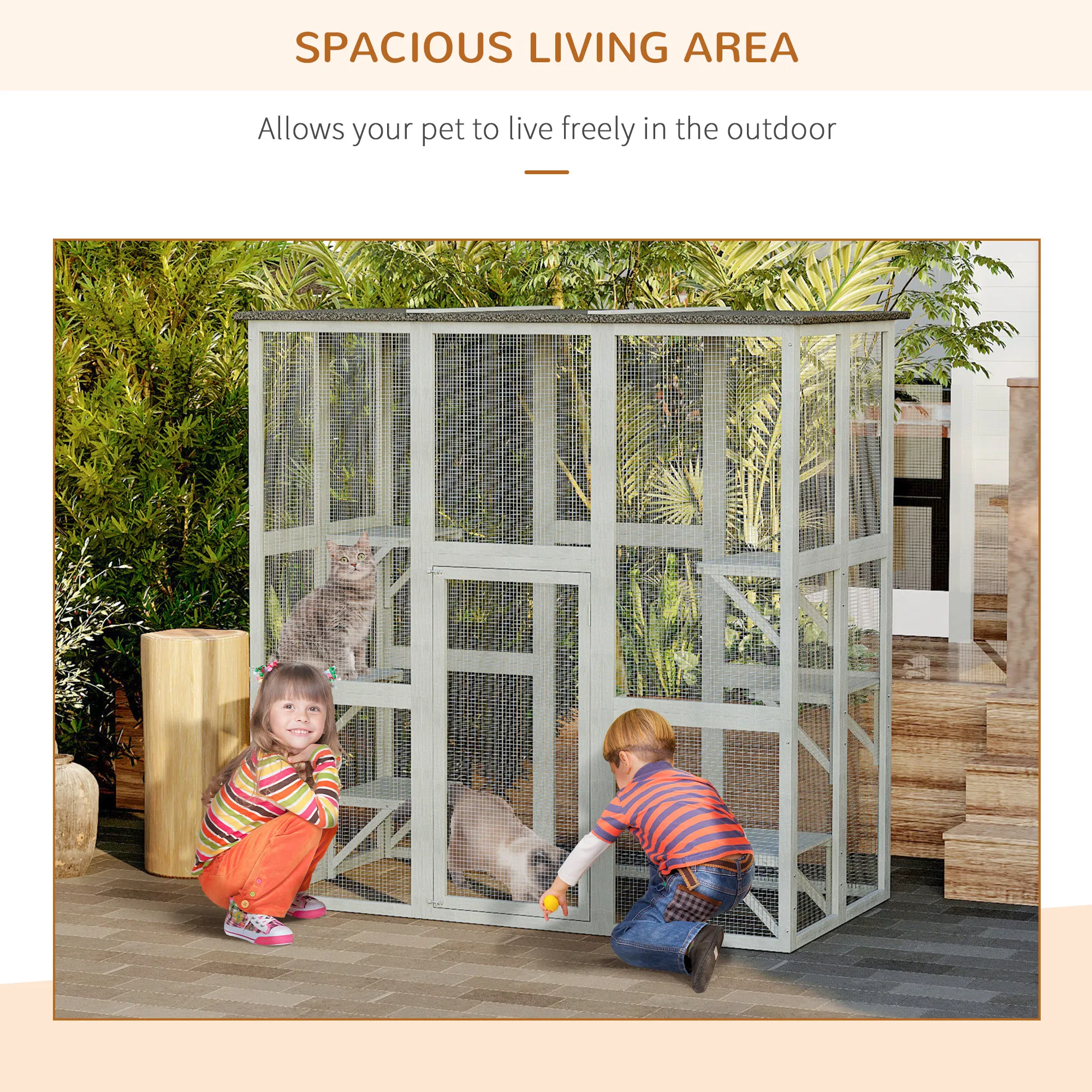 Large Outdoor Catio Enclosure, Weatherproof Cat House with Asphalt Roof, Wooden Cat Patio Cage with 6 Balanced Platforms, 71" x 39" x 71", Grey — image 2