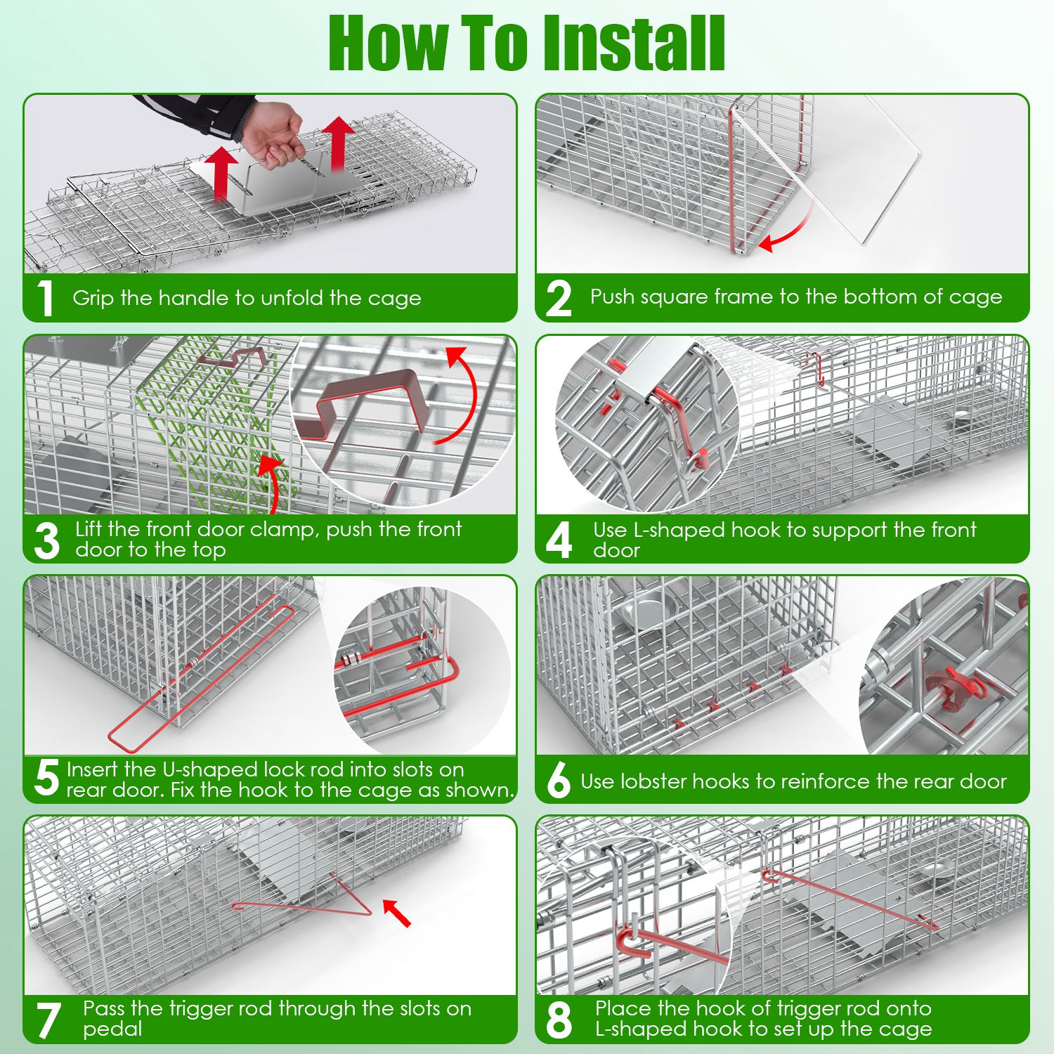 Humane Cat Trap Cage With Gloves Catch Release Live Animal Rodent Cage Collapsible Galvanized Wire For Raccoons Beavers Groundhogs Foxes Armadillos — imagen 3