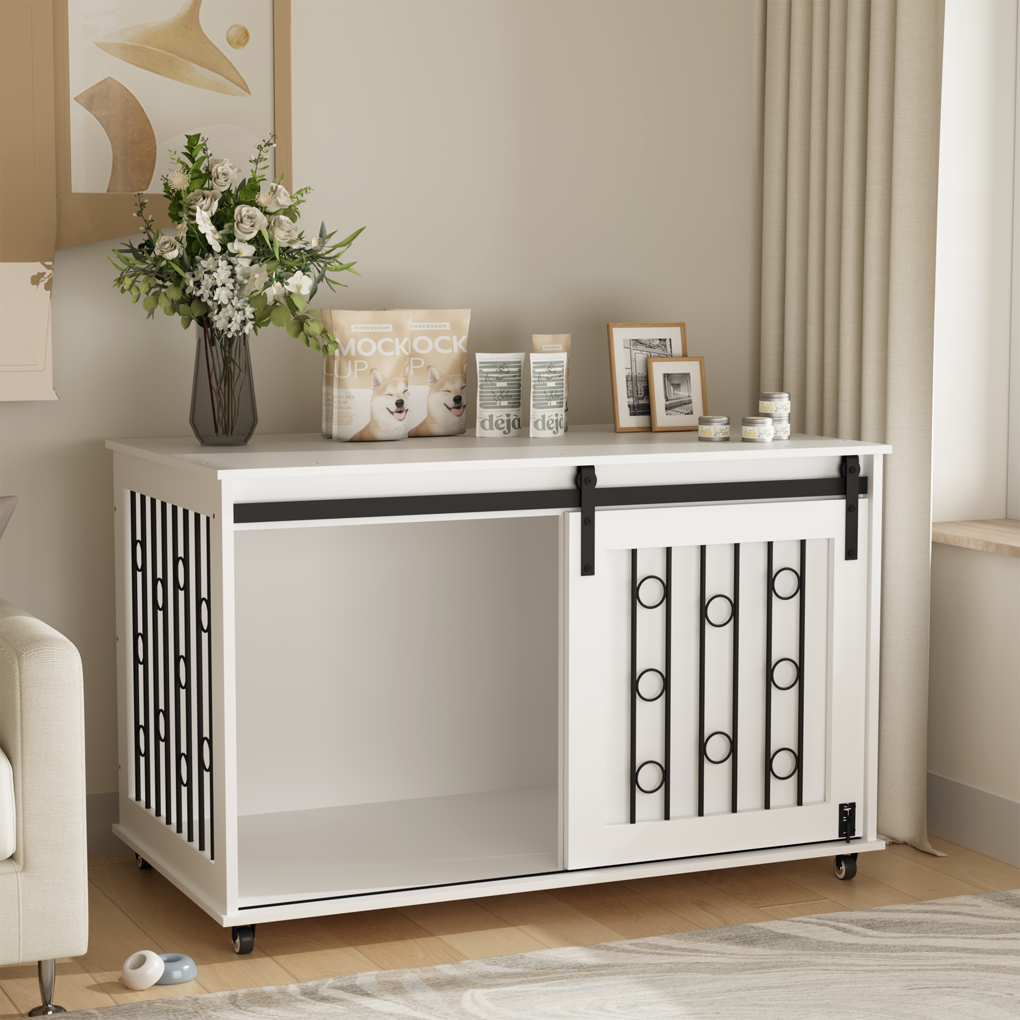 39.37 Modern Wooden Dog Crate Furniture With Sliding Barn Door And Side Door, Indoor Dog Kennel End Table For Small To Medium Dogs, Decorative Pet Crate With Metal Bars And Lockable Wheels White — image 2