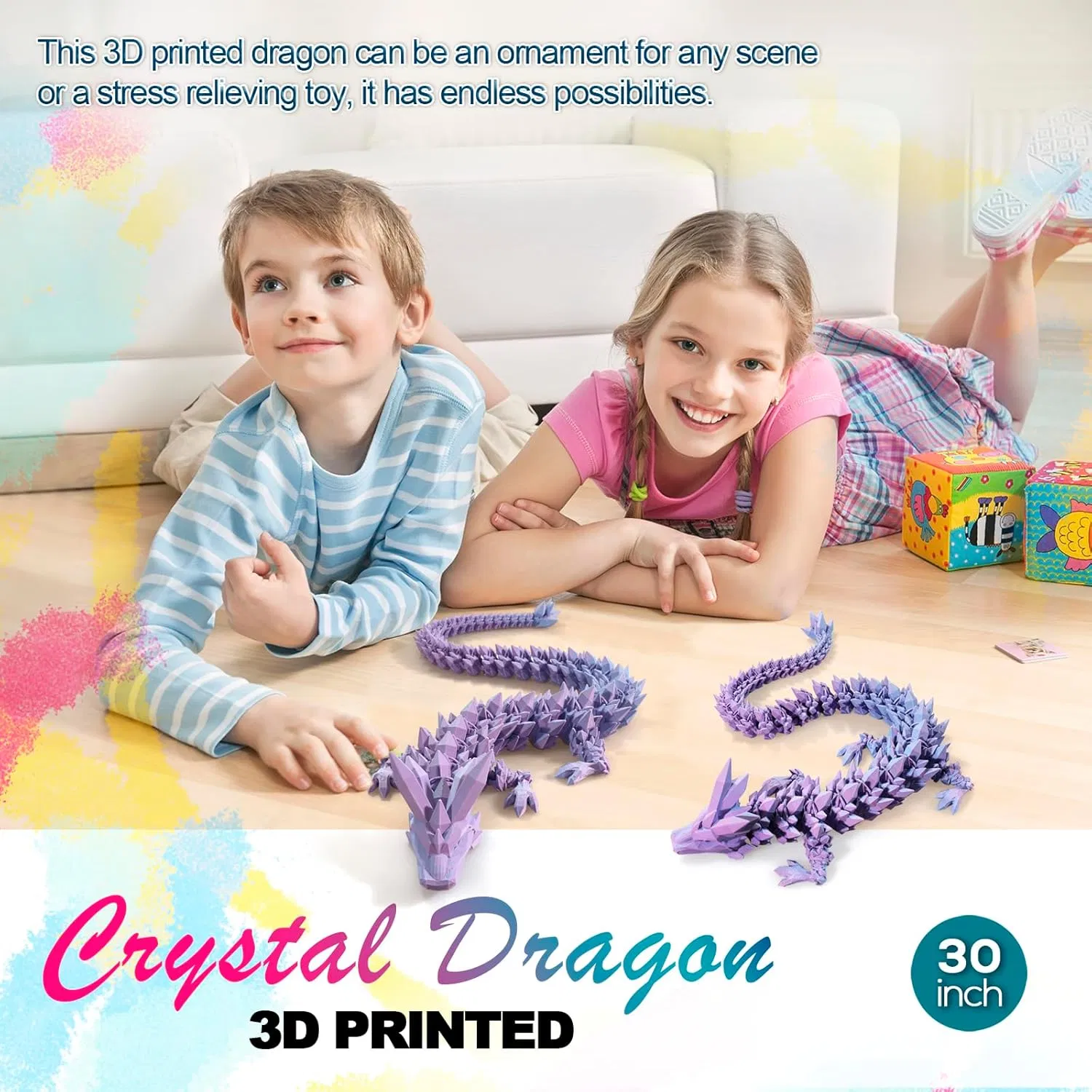 30" Large 3D Printed Dragon, Flexible Articulated Crystal Dragon Fidget Toy, Cool Big Dragon Toy, Huge 3D Printed Dragon Gift for Girls Boys Kids Christmas & Birthday — image 5