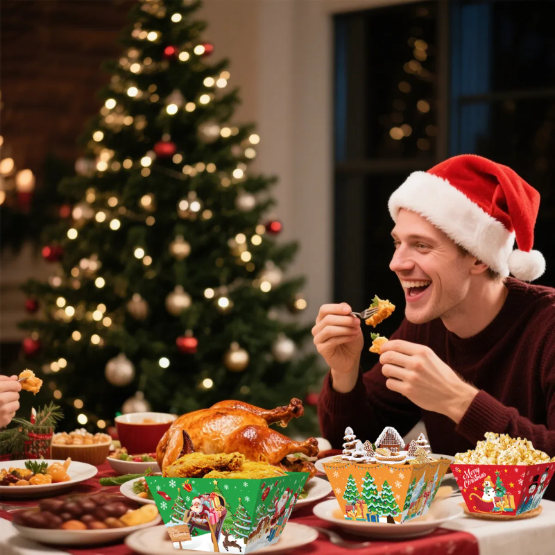 12 Pcs Christmas Paper Food Tray Tree Santa Gingerbread Elk Pattern Snack Bowl Xmas Party Disposable Paper Serving Tray Cute Popcorn Hot Dog Candy Container Boat For Winter Xmas Carnivals Decorations — image 6