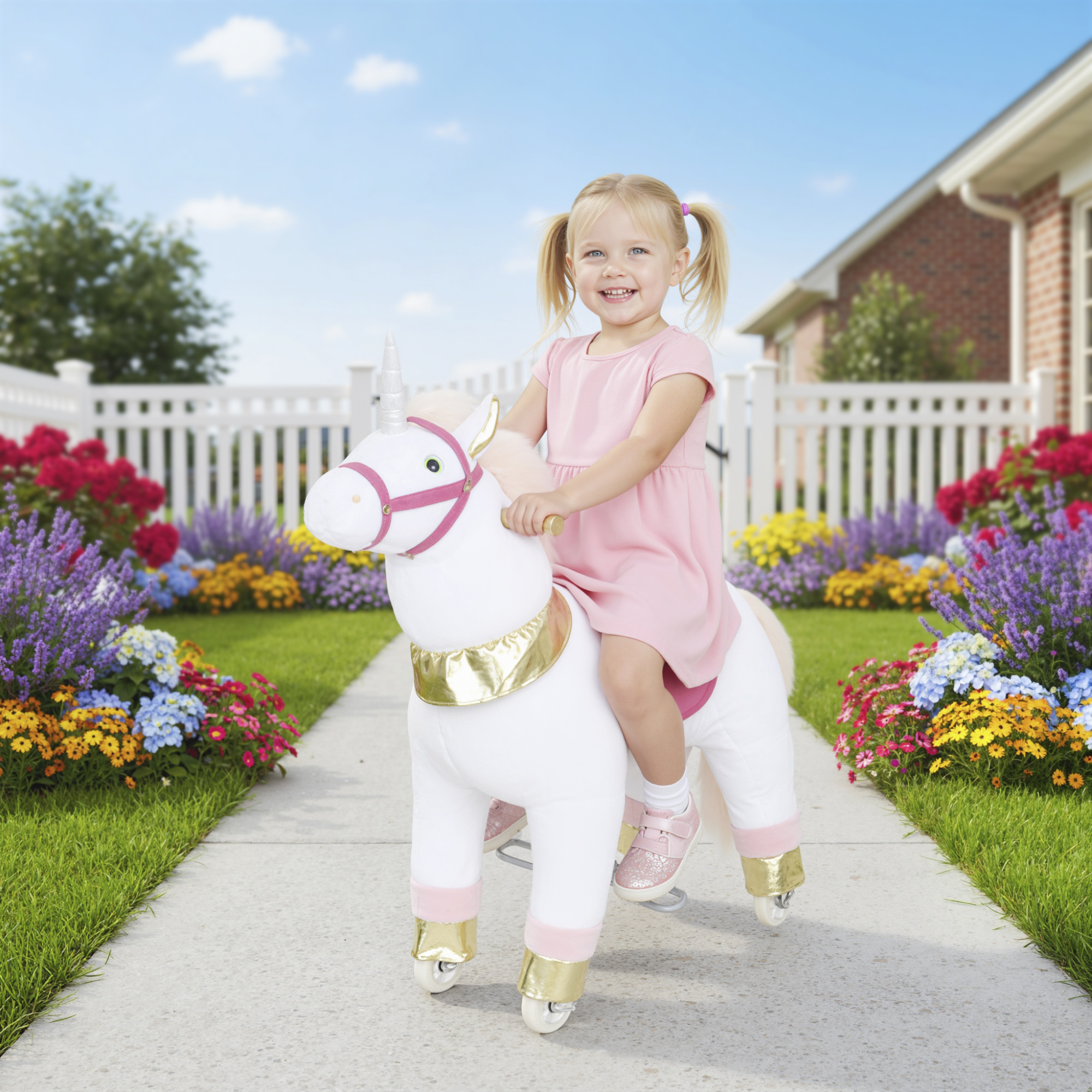 Ride on Unicorn Toy for Kids 3-5 Years, 29.5 Inch Plush Baby Rocking Horse with Wheels, No Battery Required, White — image 1