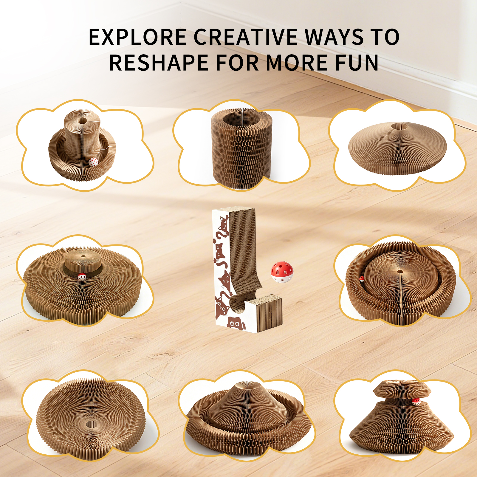 Multi-form Foldable Magic Organ Cat Scratcher Corrugated Cardboard Scratch Board Interactive Cat Toy With Rolling Bell Ball Indoor Kitten Grinding Claw Furniture — image 3