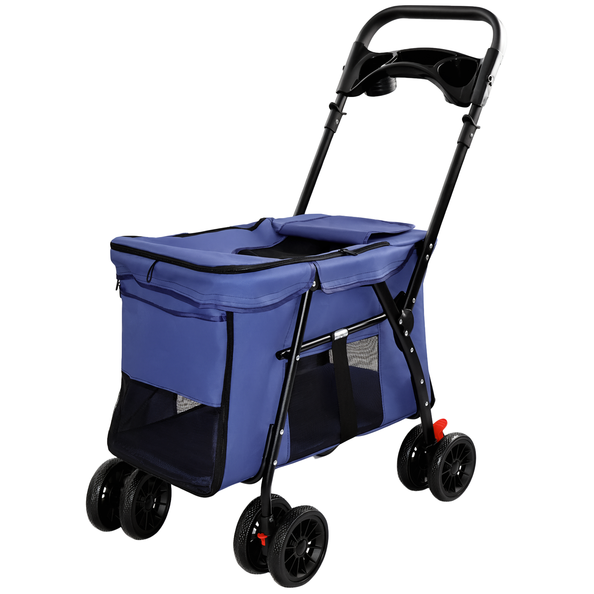 Pet Stroller, Foldable 4-Wheel Design, Breathable Mesh Dog Cat Stroller with Shockproof Wheels, Brake System, Storage Tray, 2 Fixed Safety Leashes, Large Space for Small Medium Pets, Navy Blue — image 21