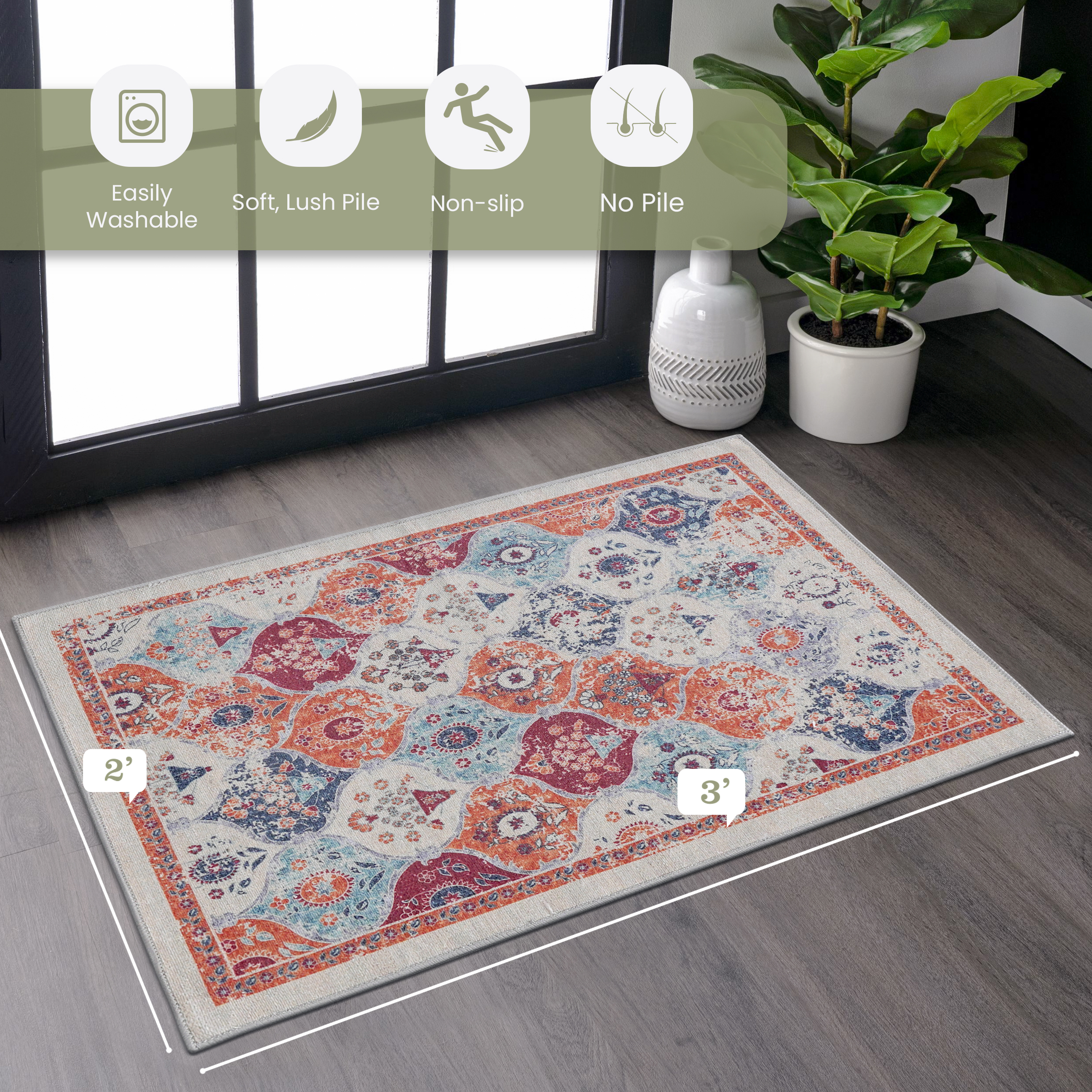 Alfombra de Área Crema de 2x3, Alfombras Lavables, Pelo Corto, Antideslizante, No Suelta Pelusa, Plegable, Apta para Niños y Mascotas, Alfombras para Sala, Dormitorio, Cocina y Comedor, Regalo Perfecto, Crema, 2' X 3' — imagen 4