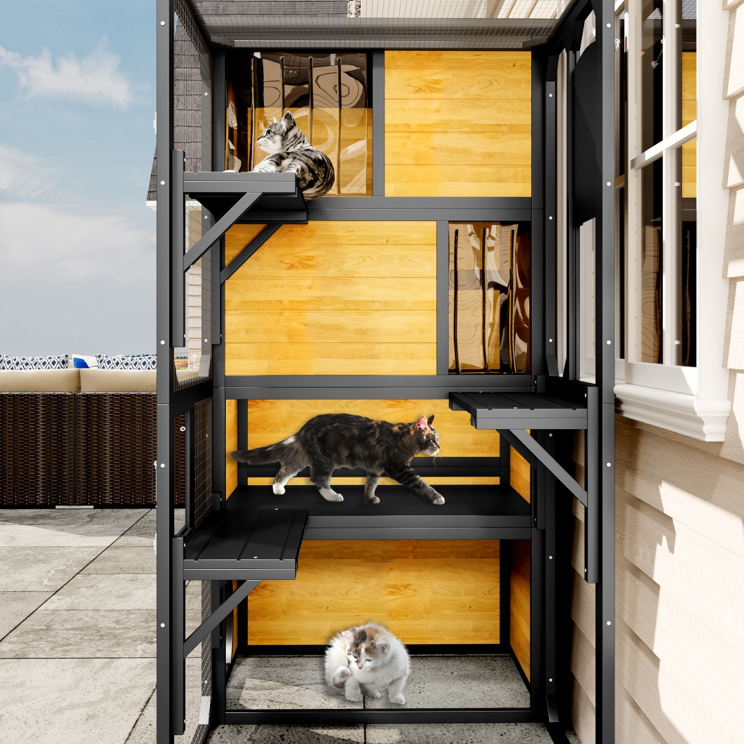 GO Large Cat Catio 4 Tiers Cat Enclosure For Outdoor, Cat House Weatherproof Attached To Window For Multiple Cats With Platforms And Resting Rooms, Brown — image 8